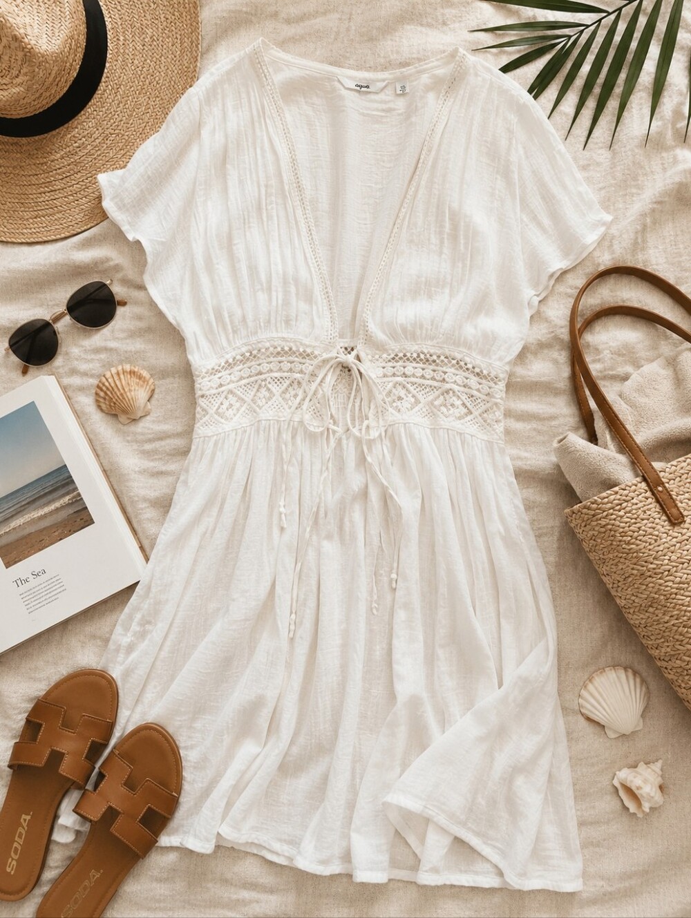La Vie en Rose Aqua White Gauze Dress Small Boho Tie Front Layering Mini